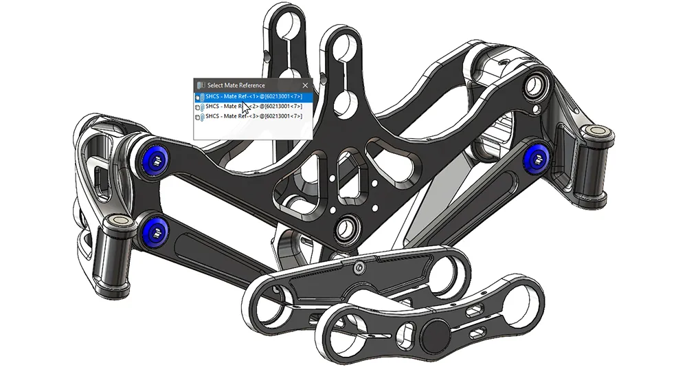 SOLIDWORKS 3D model of parts showing mate references